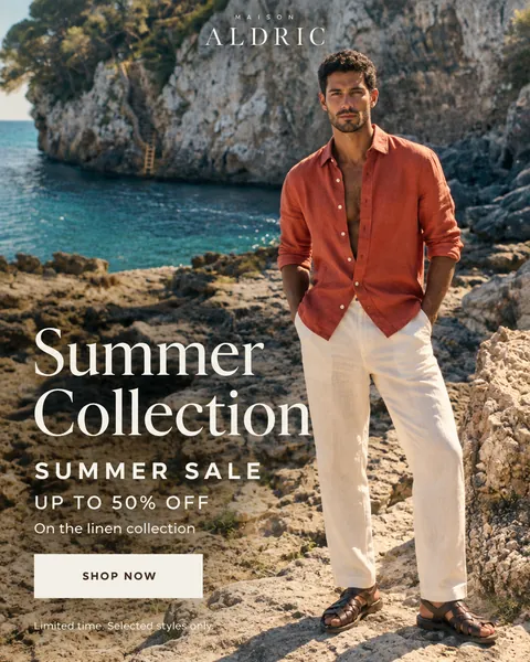 Maison Aldric : homme en chemise de lin sur une crique, campagne Summer Collection